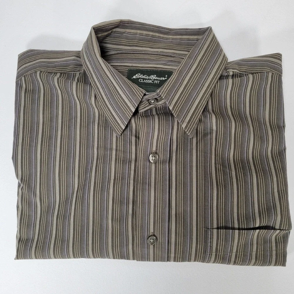 Eddie Bauer Classic Fit Button Up Shirt Mens L Gray Striped Long Sleeve Cotton - Picture 9 of 10